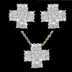 New Micro Pave Set Cross Cz Pendant Necklace Stud drop chain link Earrings Gold